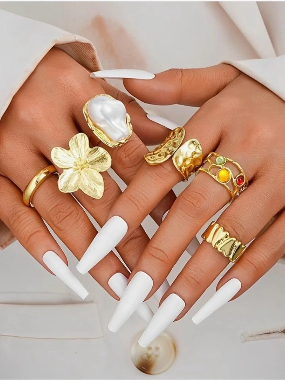 Gold Floral & Pearl Rings. Accent Chunky Gold Stackable Ring Set /Knuckle